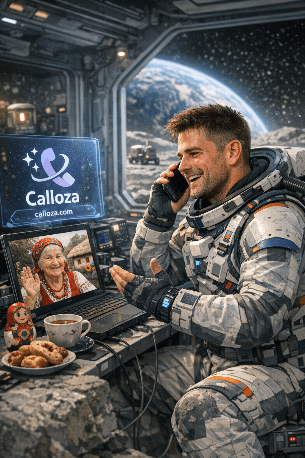 AI-generated image created with Bing AI Image Generator: a Calloza user in a futuristic space environment making a video call to his grandmother in a Slavic village